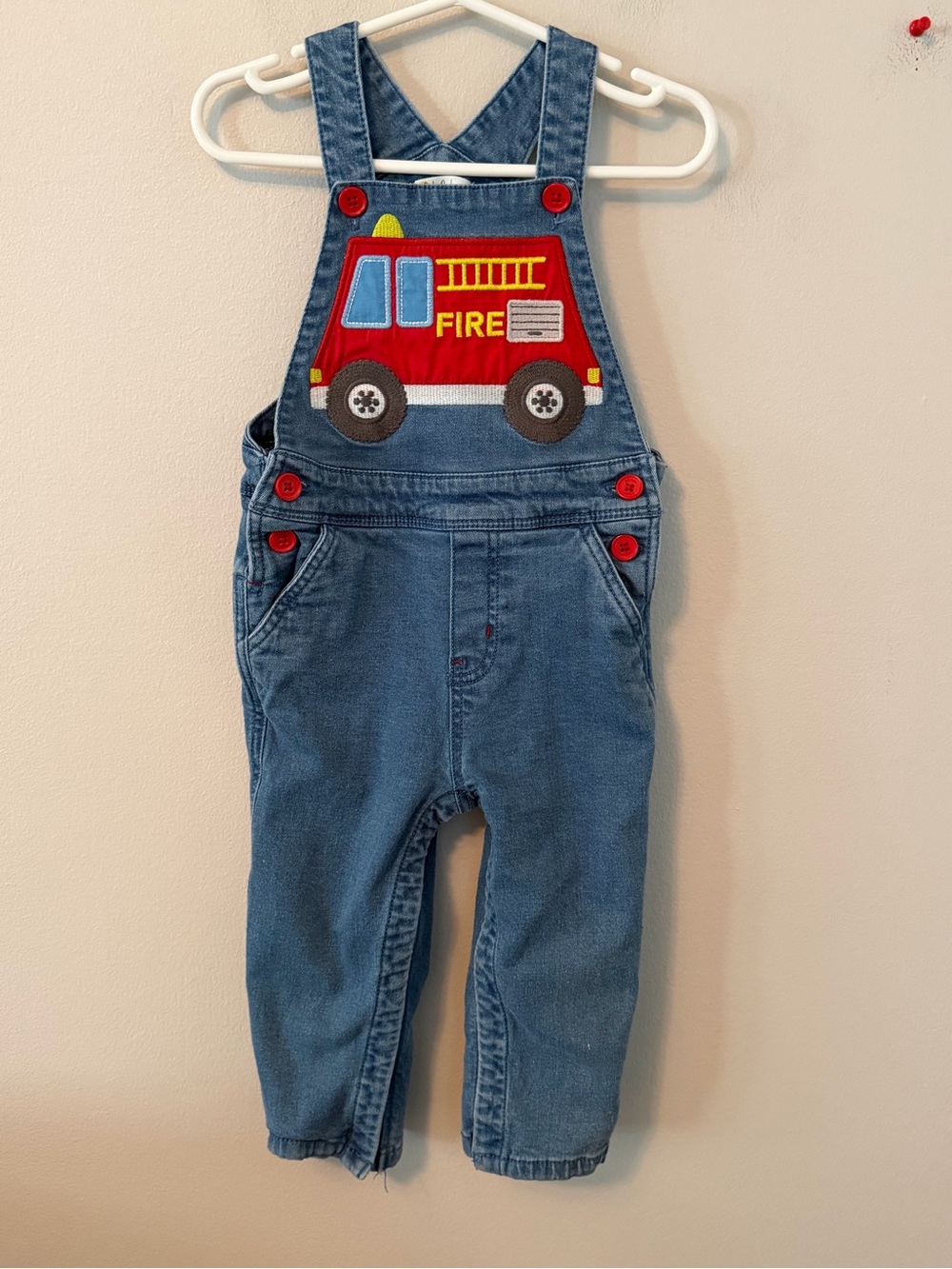 Baby Boden Denim Overalls with Red Fire Truck Patch